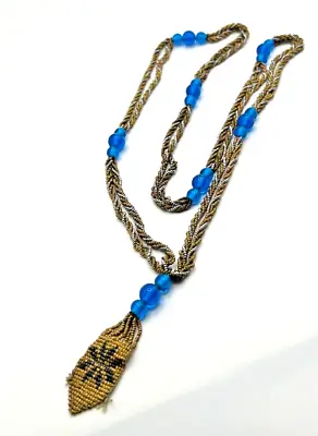 Vntg CZECH Braided Steel & Glass Micro Seed Bead Necklace W Blue Glass Beads JCS • $32.99