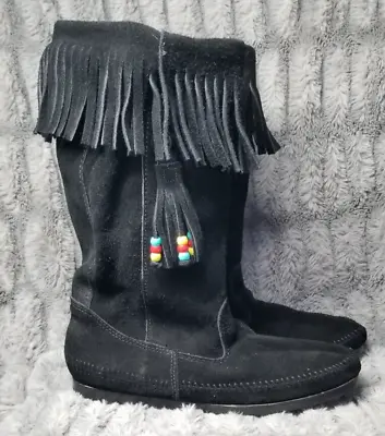 Minnetonka Boots 8 Womens Black Suede Leather Moccasin Fringe Mid Calf Slouch • £50.62