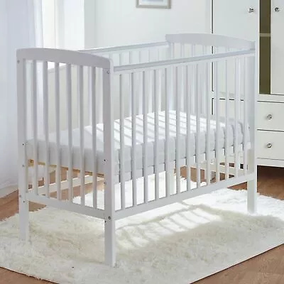 Baby Cot Small White Solid Pine Wood With Teething Rails Compact Crib Cots Beds • £94.99