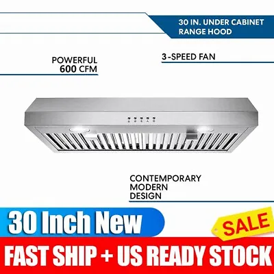 Kitchen 30 Inch Under Cabinet Range Hood 3-Speed 600CFM Vent W/LEDs Sliver New • $159.99