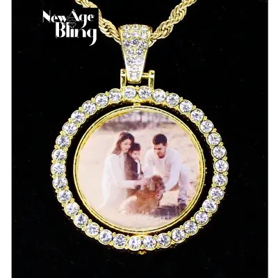 Custom Picture Spinner Photo CZ Double Sided Pendant 14k Gold Plated Necklace • $19.99