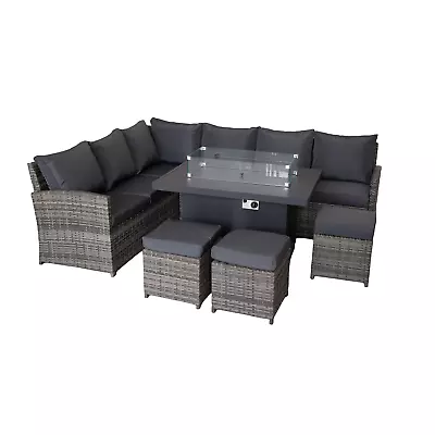 9 Seater Rattan Garden Furniture Corner Set With Gas Fire Pit Table With Cushion • £1099.99