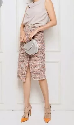 H&M Tweed Multi Faux Wrap Pencil Skirt W/ Fringe High Waist Asymmetric Hem Sz 6 • $22