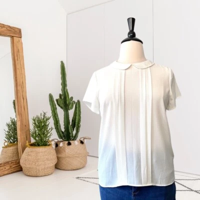 $24.99 • Buy CECE Women's L Short Sleeve Peter Pan Collar Blouse Pleated Front Ivory