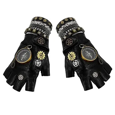 Gothic Cosplay Compass Gloves Dancing Fingerless Leather Gloves Men W/ Bracelet • $18.99