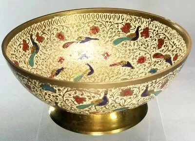 Near Eastern Brass Bowl W/ Raised Foliates & Enamel Peacocks Decoration  20th C. • $45