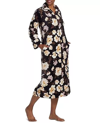 MISS ELAINE Long Sleeve Plush Fleece Zip Front Robe Floral Print Large L • $44.99