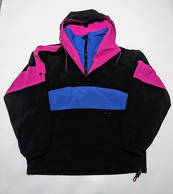 Vintage 80s Glaciers Edge Nylon Windbreaker Ski Jacket Hooded Pullover Sz Large • $18.99