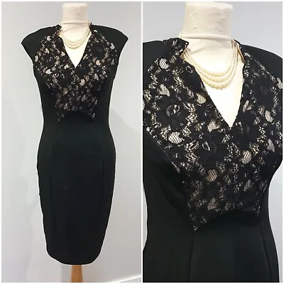 Black Stretch Pencil Wiggle Galaxy Smart Evening Cocktail Lace Dress Size 10 • £18