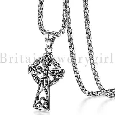 Men's Biker Stainless Steel Celtic Cross Irish Knot Pendant Chain Necklace 22'' • $11.89