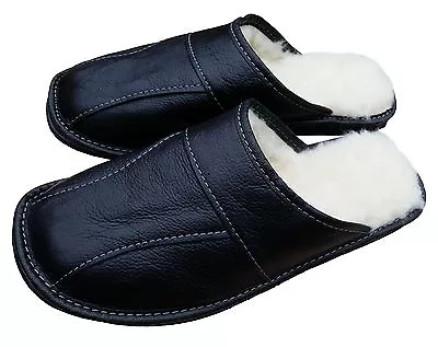 Men's Sheepskin Wool Black Leather Slippers Shoes Size Warm Moccasins Mules • £15.19