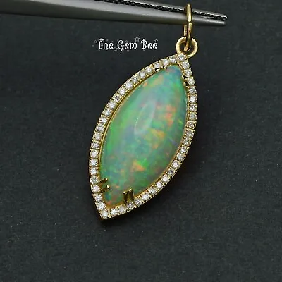 14k Solid Yellow Gold 6.35CT Marquise Shape Opal 0.34CT Diamond Necklace Pendant • $950
