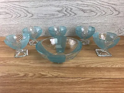 Walther And Sohne Frosted Chevron Turquoise Dessert Bowl Set 1 Large 5 Small  • £76.27