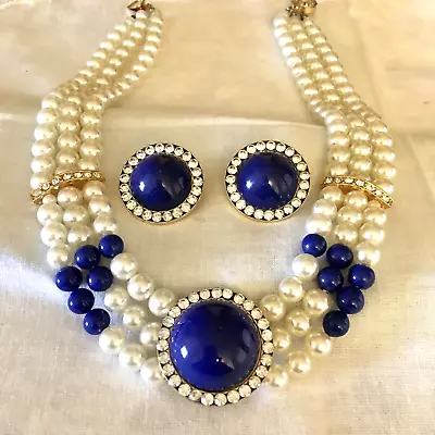 Vintage Faux Pearl & Bright Blue Necklace & Earring Set • $4.25