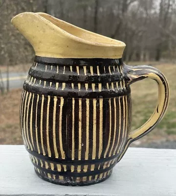 Antique French Yellow Ware Pottery Ceramic Pitcher Mochaware Barrel Stripes Jug • $105