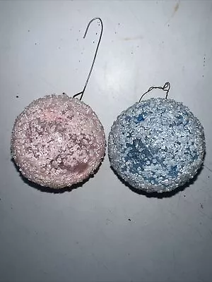 Vintage Iced Jingle Ball Ornaments Set Of 2 Pink And Blue • $10