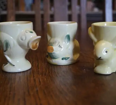 3 X Vintage Animal Egg Cups Ceramic Chicken Rabbit And Pig Creamy White • £10