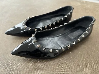 VALENTINO GARAVANI Black Patent Noir Limited Edition Rockstud Ballet Shoes 37.5 • £39.99