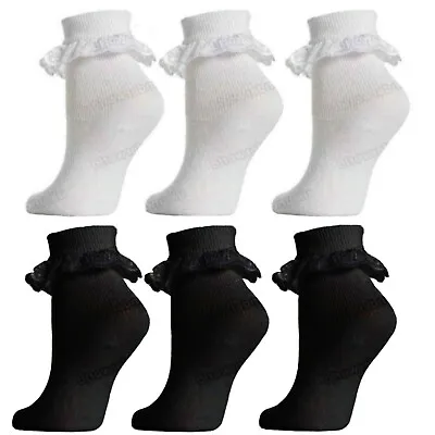£4.45 • Buy Girls Frill Socks 3 Pairs Childrens Kids Ladies Lace Top  Ankle Back To School