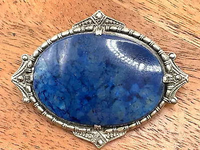 Art Deco Sterling Silver Lapis Marcasite Brooch Pin 1.75 . 925 • $35