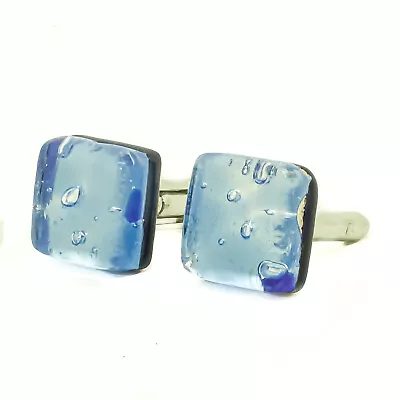 Murano Glass Cufflinks Light Blue Silver Millefiori Venice Square Wedding • £15.95