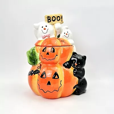 Pumpkin Cookie Jar Halloween Black Cat Ghost Bat BOO Lid Jack-o-lantern • $22.95