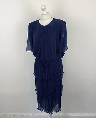 Vintage Archa Paris Dress Tiered Ruffled Layered Navy Blue Sheer Medium / Large • £19.99