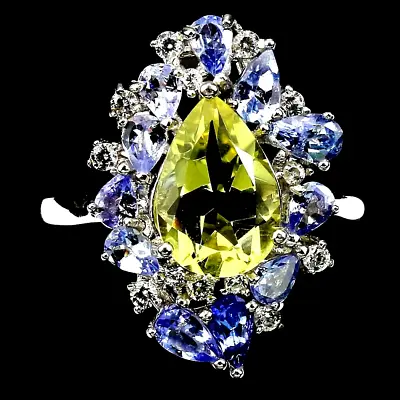 Lemon Yellow Quartz & Tanzanite Ring W/white Cz 925 Sterling Silver/14k Wgp Sz 8 • £47.28