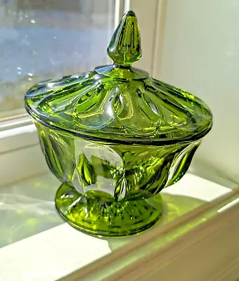 Anchor Hocking Candy Dish Green Glass Compote With Lid Pedestal MCM Vintage • $19.94