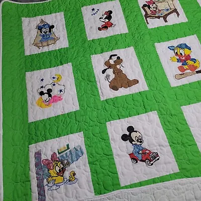 Vtg Handmade Disney Large Quilt Blanket Micky Minnie Mouse Donald Duck Painted • $48.98