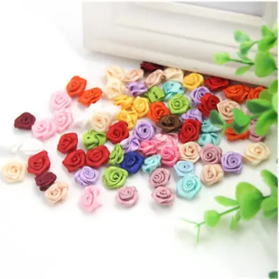 £2.81 • Buy 100Pcs Mini Rose Satin Ribbon Small Flowers Wedding Decor Sewing Appliques Craft