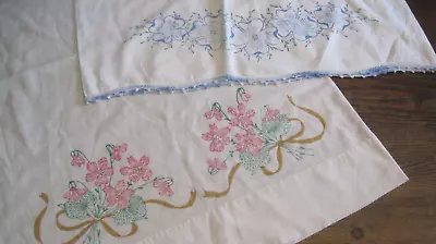 VTG Cotton Pillowcase W/Painted FLORAL Design/Crocheted Edging MIXMATCH LOT OF 2 • $4.99