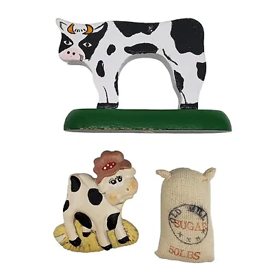 Vintage Miniatures Lot Wood Cow Figurine Resin Cow Magnet & Old Mill Sugar Sack • $6.99