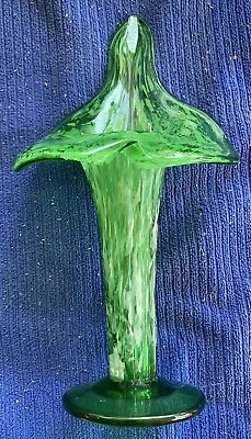 Murano Style Green/White Hand Blown Vintage Jack In The Pulpit Art Glass Vase • $24.99