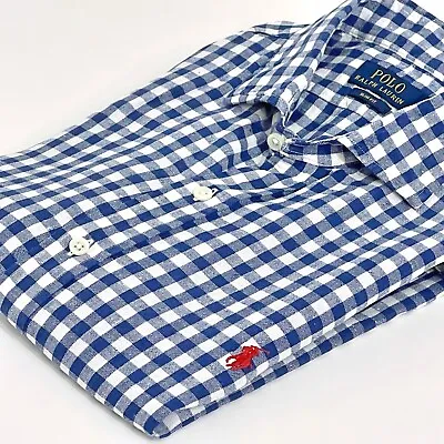 Polo Ralph Lauren Linen Blue White Gingham Slim Fit Long Sleeve Shirt L Large • £37.50