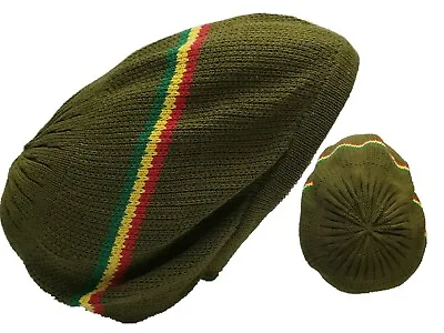 Green Striped  Beret Tam Hat Rasta Slouch Beanie Cap Dreadlocks Dreads Hair M/L  • $17.70