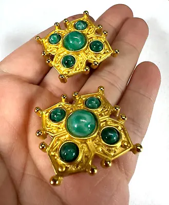 $34 • Buy Vintage Earrings Clip On Cross Green Glass Cabochon Moghul Jewelry Costume