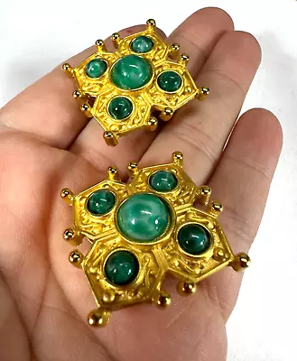 $34 • Buy Vintage Earrings Clip On Cross Green Glass Cabochon Moghul Jewelry Costume