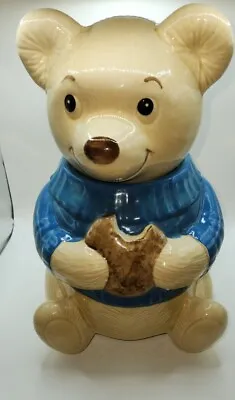 Vintage Teddy Bear Jar Metlox California USA Eating Cookie Blue Shirt 11.5    • $39.95