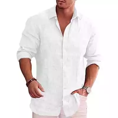 Shirt Men's Long Sleeve Plain Cotton Linen Club Button Down Short Casual 25% OFF • $19.99