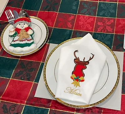£4 • Buy Royal Stewart Tartan Stag Cotton Damask Personalised Christmas Napkins