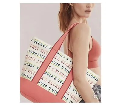 Victoria Secret NWT Zip Pink Rainbow Logo Canvas Large Weekender Travel Tote Bag • $34.02