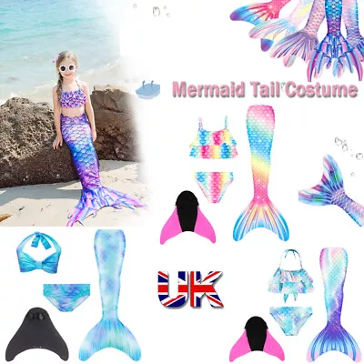 Mermaid Tail Kids Swimwear Swimmable Bikini Set Girls Swimsuit Monofin Costume • £15.82