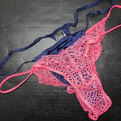 Victoria's Secret XSML THONG Panty NAVY BLUE Neon PINK LACE Fishnet VERY SEXY • $39.99