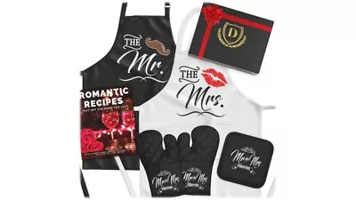 Wedding Gift Mr. & Mrs. Aprons Set Potholders & Recipe Book • £19.25