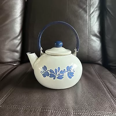 Vintage Pfaltzgraff Yorktowne Enamel On Metal Tea Kettle Teapot Blue Handle • $20