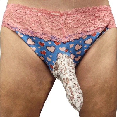 $15 • Buy Lace Top Sissy Panty- Blue/Pink Hearts Crossdressing Men Transgender
