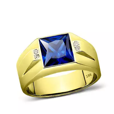 Men's Ring 18K Real Yellow Fine Gold Blue Sapphire With 4 Natural Diamonds • $999