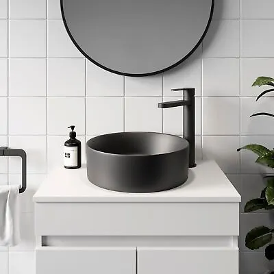 Ceramic Bathroom Vanity Wash Basin Sink Countertop Round Modern 352x352mm Black • £59.97