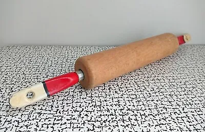 50s 60s Vintage Retro Wooden Skyline Red & White Handle Kitchen Rolling Pin • £15